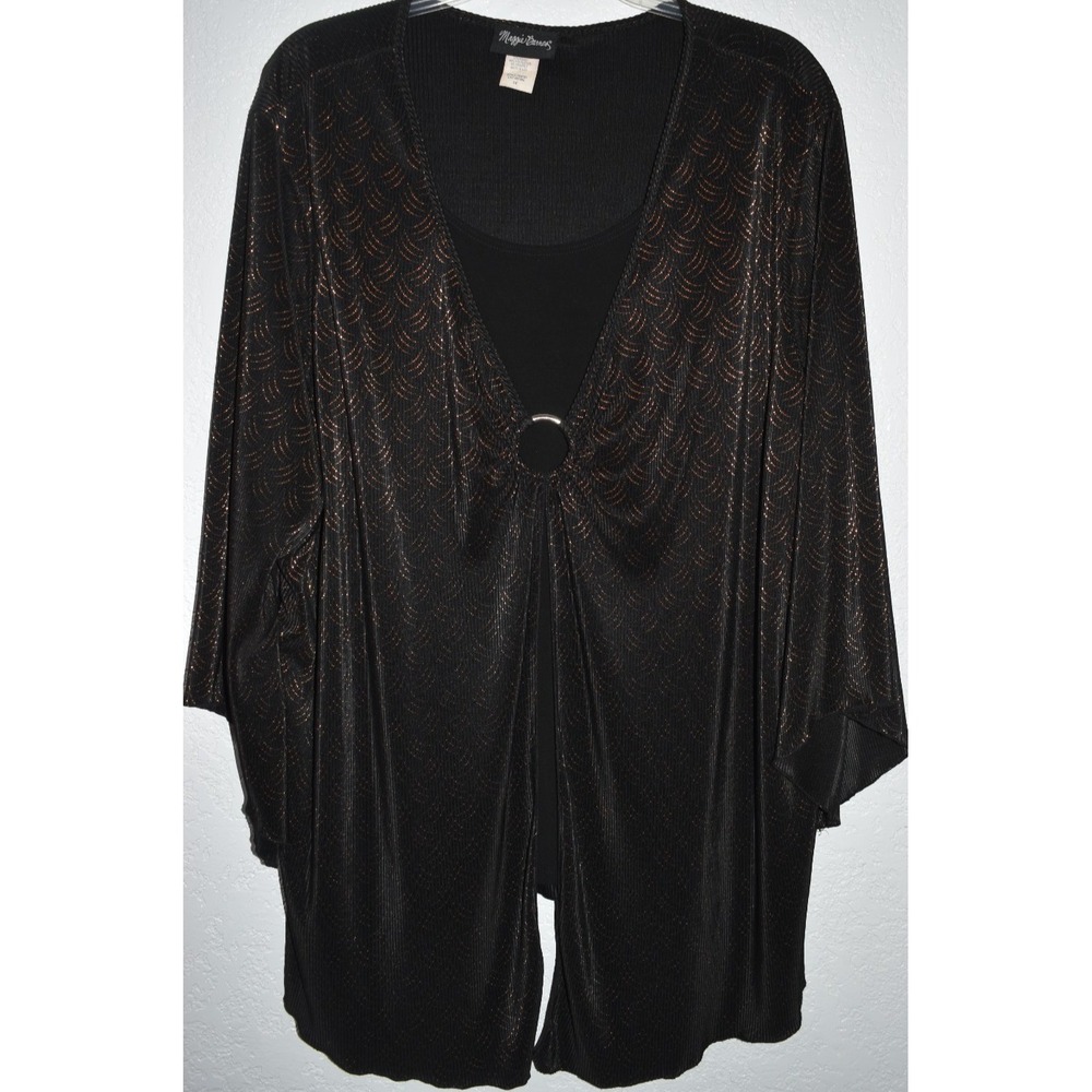 Maggie Barnes 1X Top Black Stretch Gold Shimmer Witchy‎ Goth Flowy Flare Sleeve